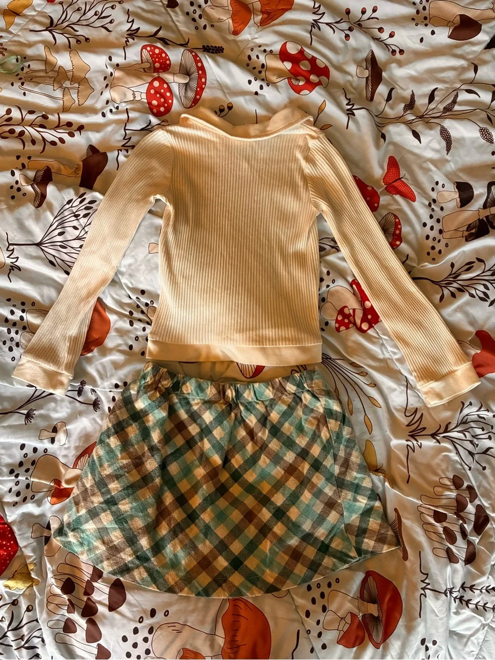 Rachel Zoe Cream Ribbed Top with Green Plaid Skirt Set